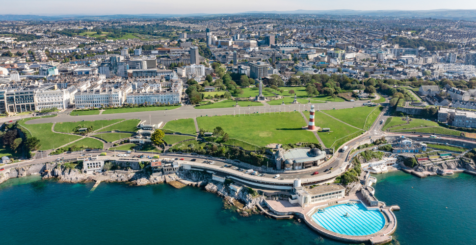 A drone photo of Plymouth Hoe